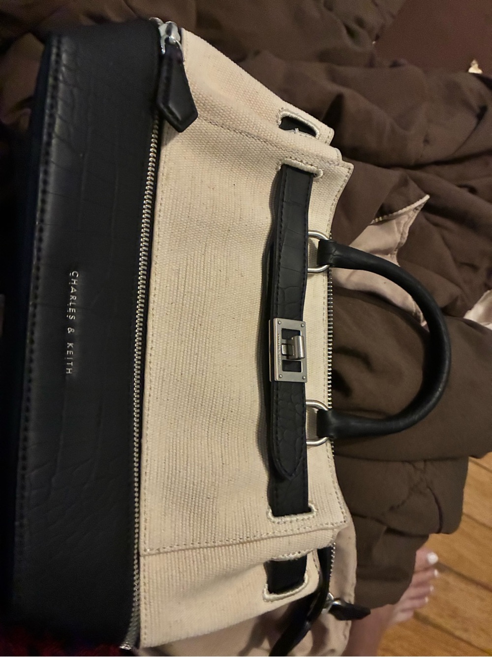 Charles & Keith Canvas Satchel with Black Trim